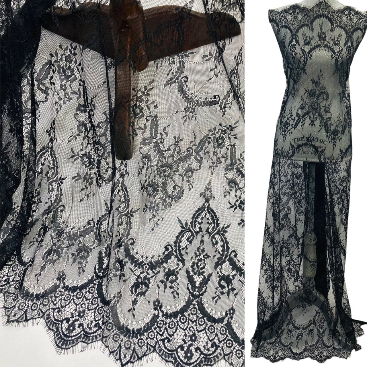 1 Panel Chantilly Embroidered Lace Fabric with Eyelash Scallop – White, Ivory, and Blush